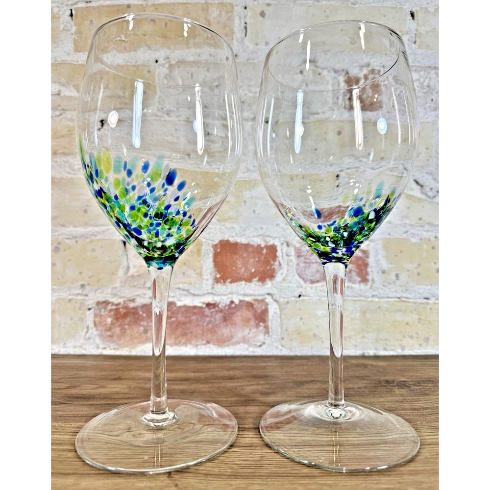 Hand Blown Art Glass Wine Glasses Set of 2 Blue Green Confetti Stemware Coastal